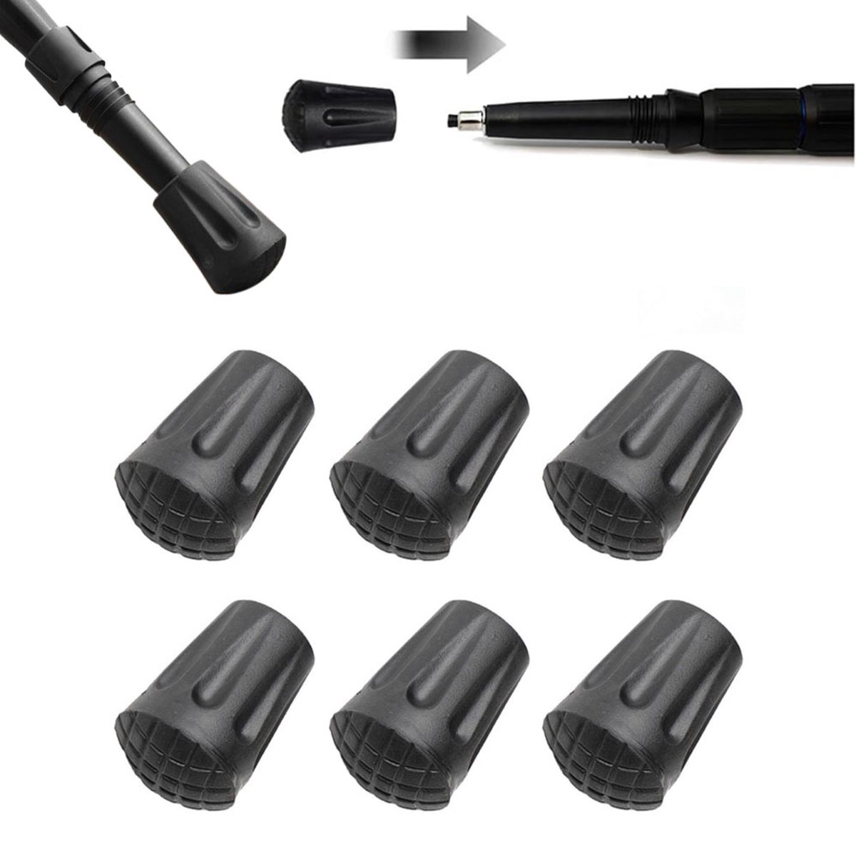 Nordic Walking Tips - 6 Pieces - Walking Stick Tips - Crutch Tips - Nordic Walking Pads - Nordic Walking Cane Tips - Round Nordic Footings - Trekking Pole Tips - Replacement Tips - End Stop - Walking Stick Base - Easy to Install - Black