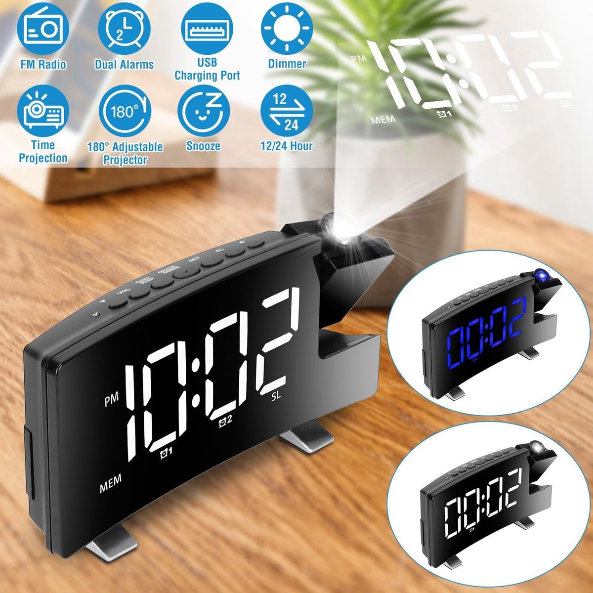 Alarm clock - radio - clock - Projection alarm clock - Digital alarm clock - Projection clock - Alarm clock radio - Clock radio - digital clock - projection clock - Multifunctional - LED - Adjustable brightness - Loud enough - for bedroom / living room /