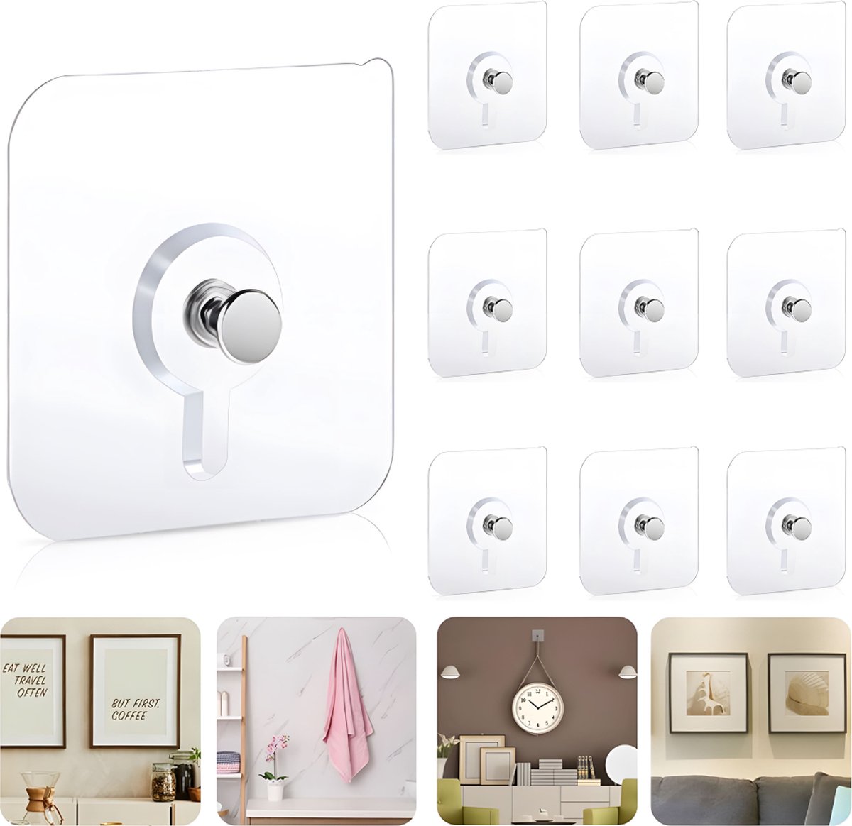 Self-Adhesive Nails - 10 Pieces - Adhesive Stick-on Nails - Hanging System - Towel Hook - Stick-on Hooks - Adhesive Screw - Picture Hanger - Flat Head - No Drilling Required - High Load Capacity - Wall Hooks - Hook