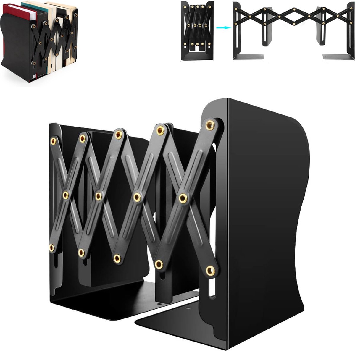 Bookend - Book Stand - Book Holder - Book Support - Bookends - Magazine Holder - Adjustable - Stylish Design - Non-Slip Feet - Multifunctional Use - For Shelves, Office, Library, Home and School - Metal - Black