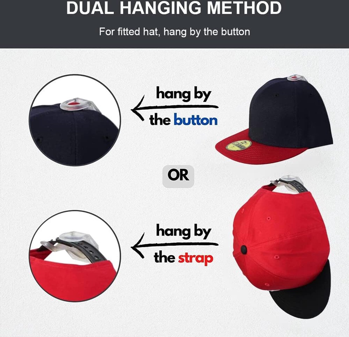 Cap Rack Set of 8 - Wall Cap Holders - Cap Hooks - With Screws and Tape - Two Installation Methods - Cap Rack Coat Rack - Cap Rack Storage System - Cap Storage Bag - Hat Holder - Cap Organizer - Double Suspension - Transparent