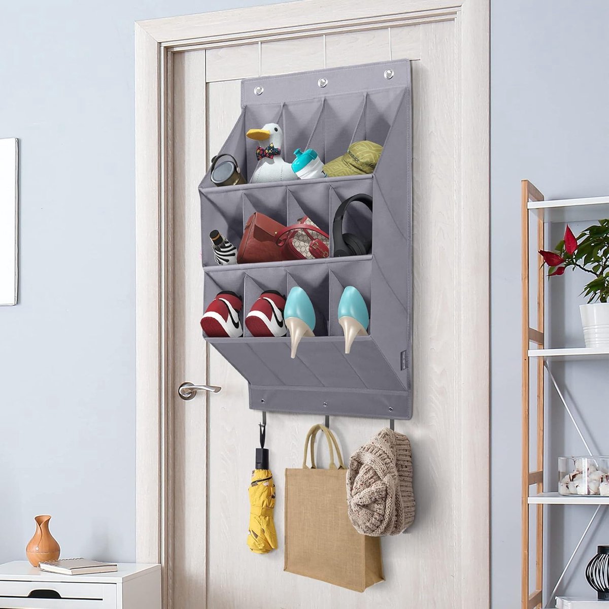 Hanging Shoe Bag - Shoe Organizer - With Hooks - Door Organizer - Above-Door Shoe Organizer - Solution for Scattered Stuff - Door Storage Bag - Hanging Organizer - Grey - Space-Saving - For Shoes/Home Accessories Etc.