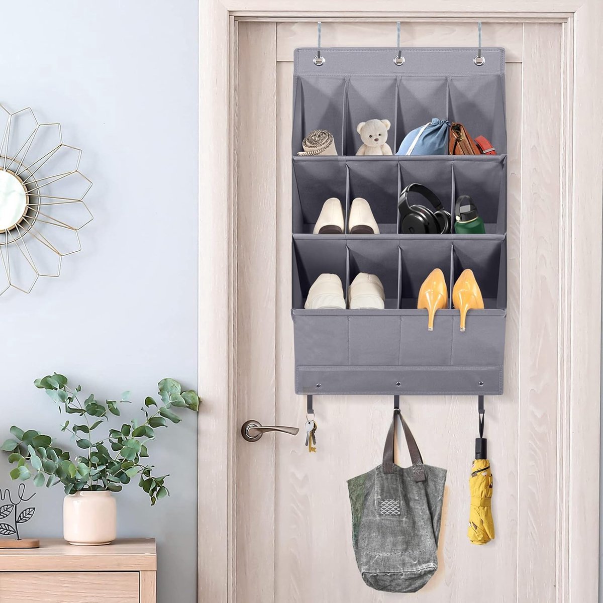 Hanging Shoe Bag - Shoe Organizer - With Hooks - Door Organizer - Above-Door Shoe Organizer - Solution for Scattered Stuff - Door Storage Bag - Hanging Organizer - Grey - Space-Saving - For Shoes/Home Accessories Etc.
