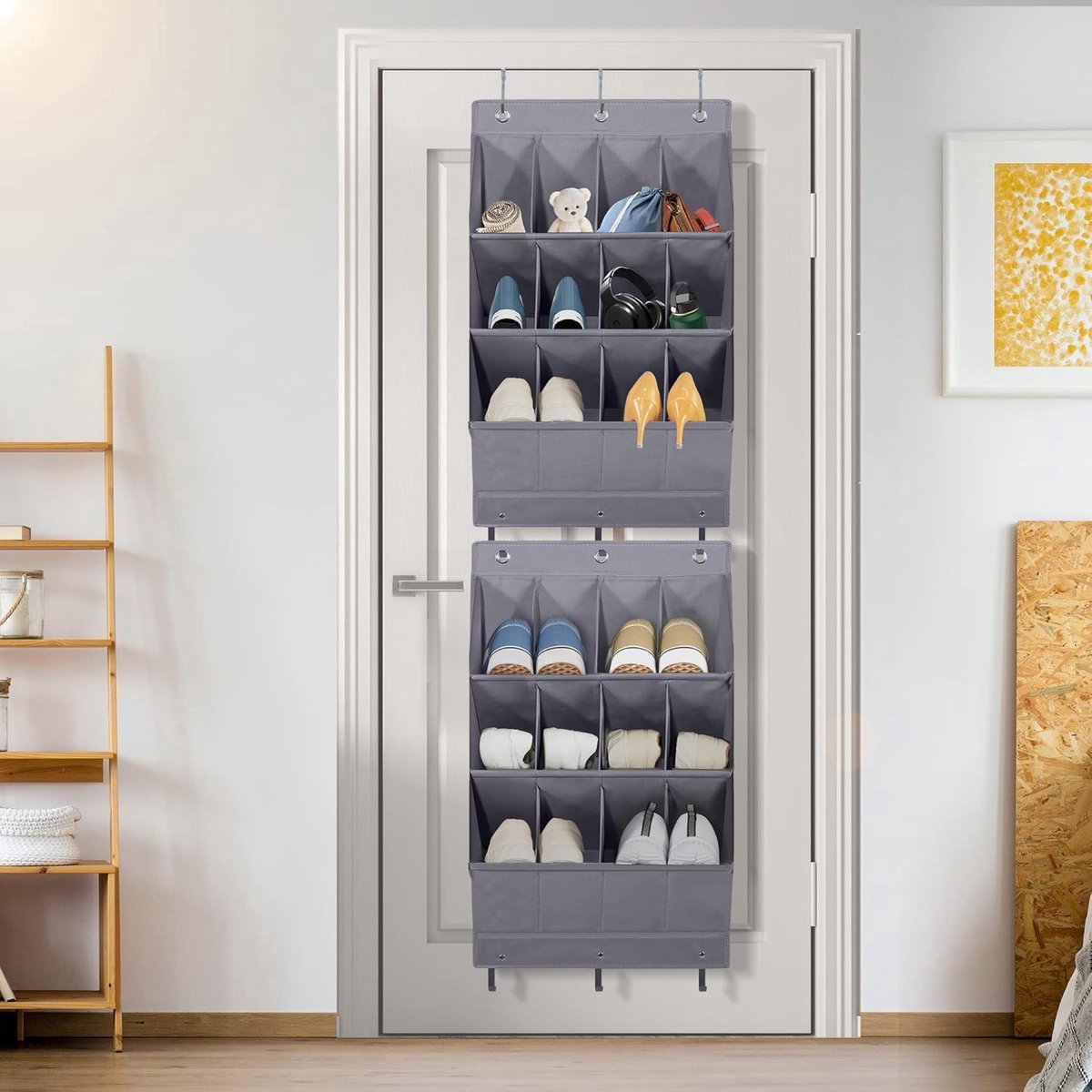 Hanging Shoe Bag - Shoe Organizer - With Hooks - Door Organizer - Above-Door Shoe Organizer - Solution for Scattered Stuff - Door Storage Bag - Hanging Organizer - Grey - Space-Saving - For Shoes/Home Accessories Etc.