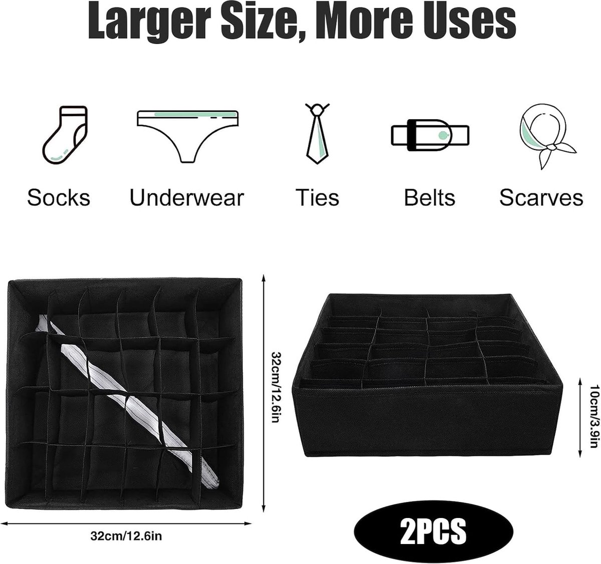 Underwear Storage Boxes - 2 Pieces - 24 Compartments - Drawer Organizer - Bra Organizer - Sock Organizer - Collapsible Storage Box - Underwear Divider - For Wardrobe - Foldable - For Underwear