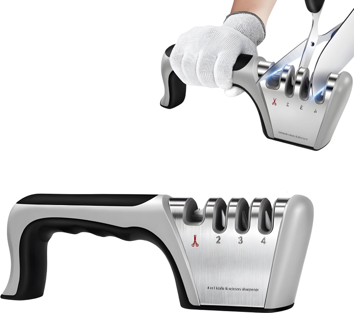 4-in-1 Knife Sharpener - Stainless Steel - Anti-Slip Knife Sharpener - Pull-through Sharpener - 4 Settings - With Anti-Slip Base - Sharpening Steel for Knives - Scissor Sharpener - Sharpening - For Polishing Knives, Scissors, and Other Knives