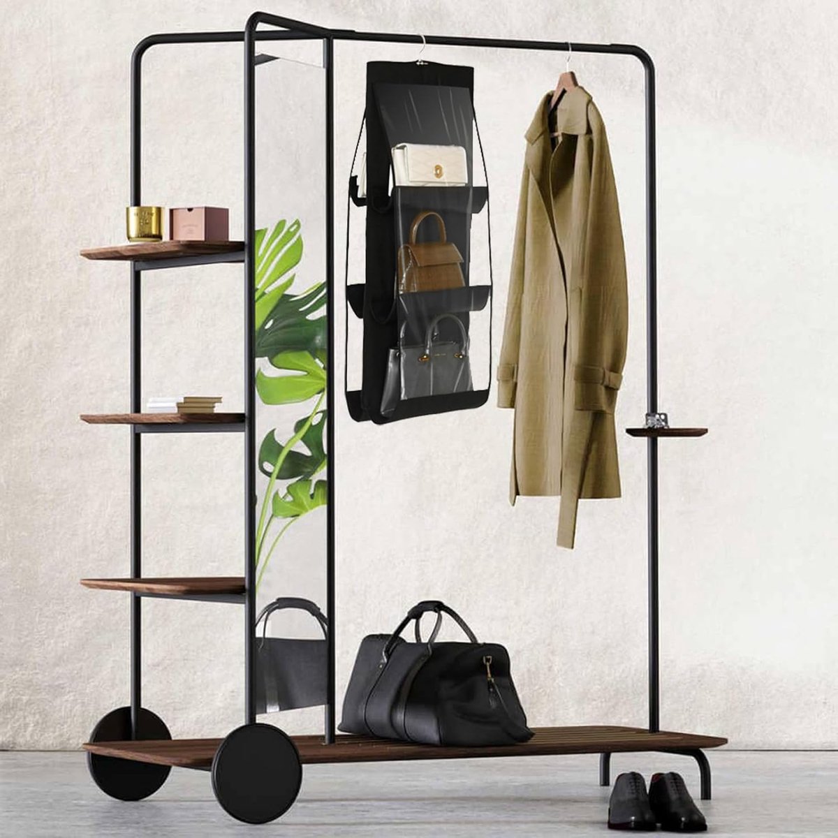 Handbag Organizer - Bag Organizer - Bag Organizer - Storage for 6 Handbags - Storage Bags - Hanging Wardrobe Organizer - Women%27s Handbag - Storage Space - 3 Layers - Foldable Wardrobe Organizer - 90x35x32 cm - Black - 1 Piece