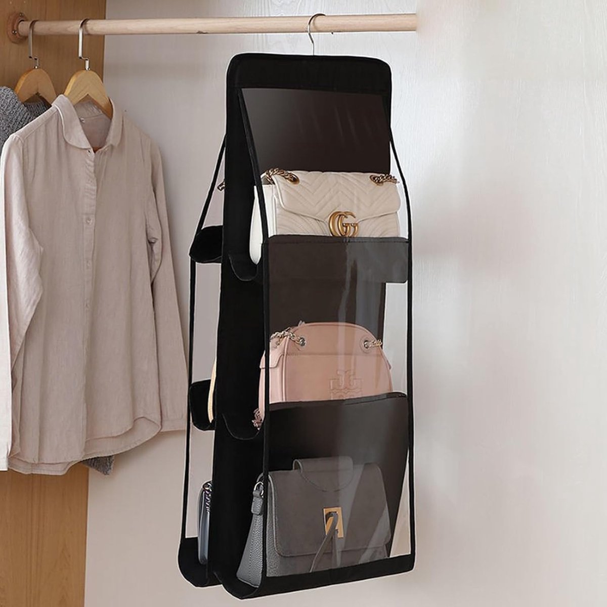 Handbag Organizer - Bag Organizer - Bag Organizer - Storage for 6 Handbags - Storage Bags - Hanging Wardrobe Organizer - Women%27s Handbag - Storage Space - 3 Layers - Foldable Wardrobe Organizer - 90x35x32 cm - Black - 1 Piece
