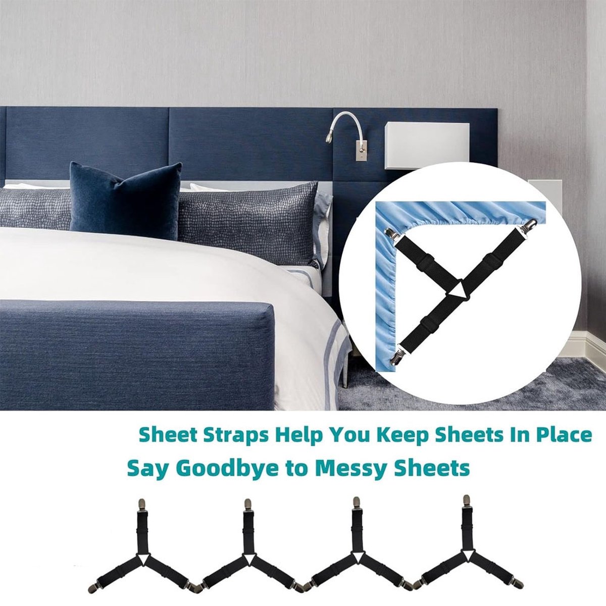 Bed Sheet Tensioners - 4 Pieces - Duvet Sheet Tensioner Clips - Duvet Clamps - Duvet Cover Tensioners - Sheet Clips - Adjustable - Sheet Suspenders - Fitted Sheet Clamps - Bed Sheet Clips - Say Goodbye to Messy Sheets - Won%27t Shift - Black