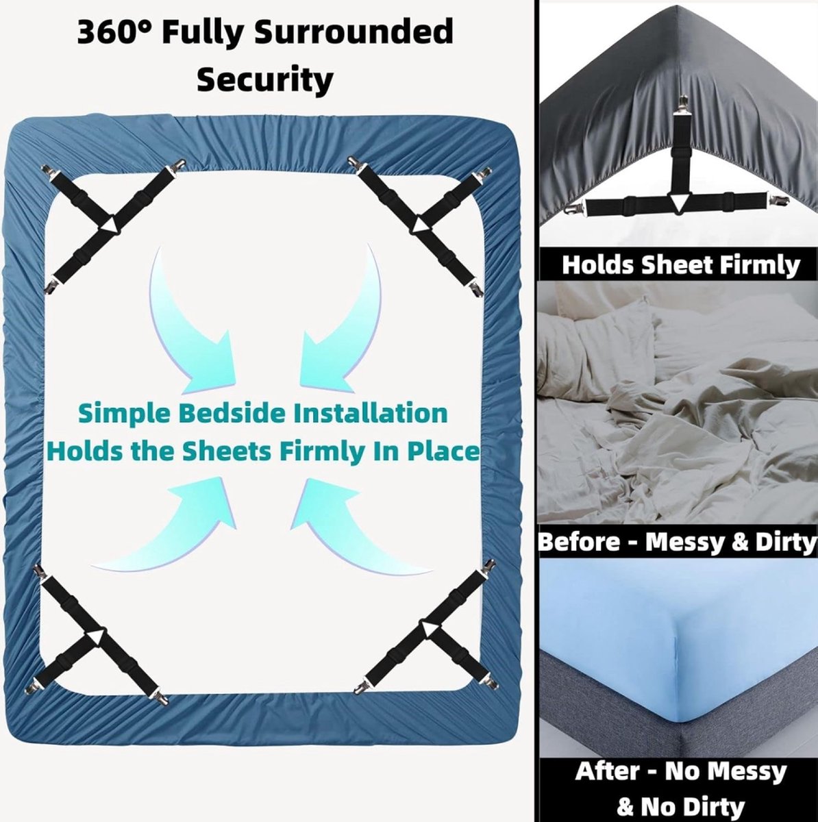 Bed Sheet Tensioners - 4 Pieces - Duvet Sheet Tensioner Clips - Duvet Clamps - Duvet Cover Tensioners - Sheet Clips - Adjustable - Sheet Suspenders - Fitted Sheet Clamps - Bed Sheet Clips - Say Goodbye to Messy Sheets - Won%27t Shift - Black
