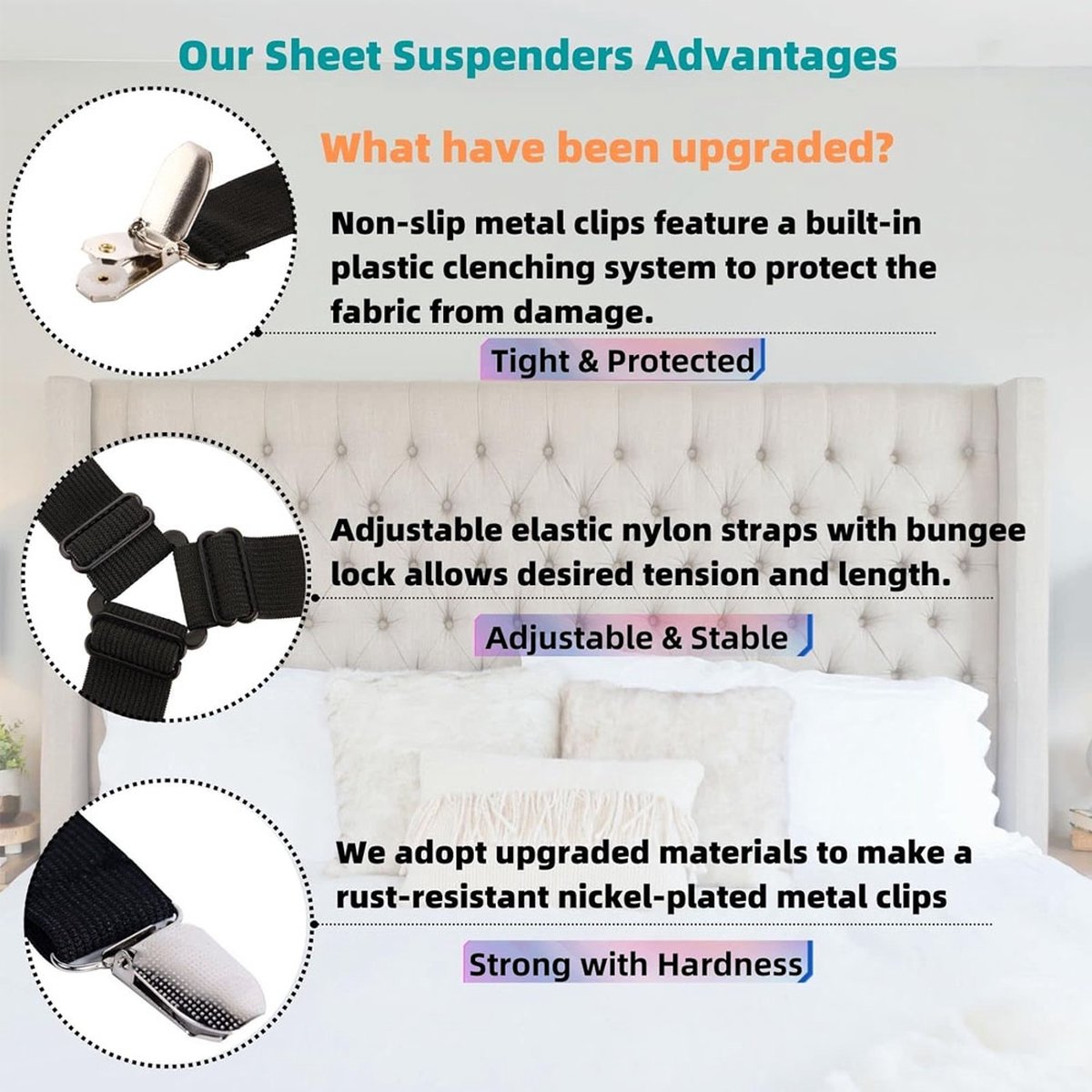 Bed Sheet Tensioners - 4 Pieces - Duvet Sheet Tensioner Clips - Duvet Clamps - Duvet Cover Tensioners - Sheet Clips - Adjustable - Sheet Suspenders - Fitted Sheet Clamps - Bed Sheet Clips - Say Goodbye to Messy Sheets - Won%27t Shift - Black
