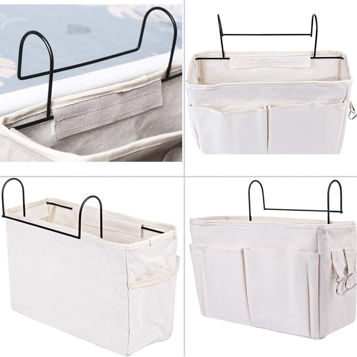 Bedside Pocket - Bed Organizer With Frame - Bed Storage Bag - Cotton - Bed Storage Bag - Bedside Table - Bedside Organizer - Bedside Pocket Storage Bag - White - For Bed Or Sofa - Hanging Model - With Multiple Compartments And Hooks - Very Practical And D