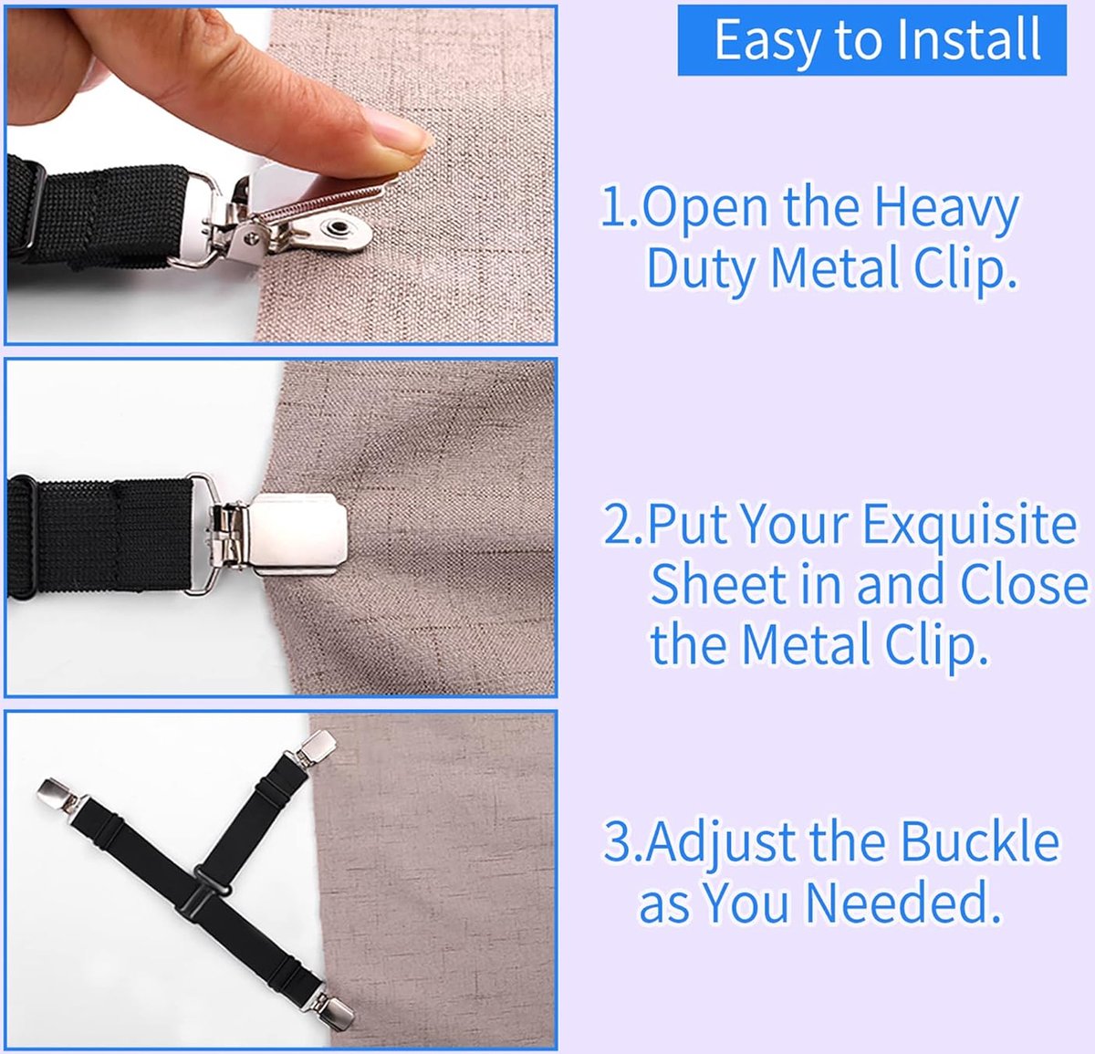 4x Sheet Tighteners - Sheet Fastening Straps - Duvet Clips - Sheet Locking Buckles - Sheet Holders - Duvet Clamps - Adjustable Sheet Tighteners - Elastic Sheet Clamps - For Sheets