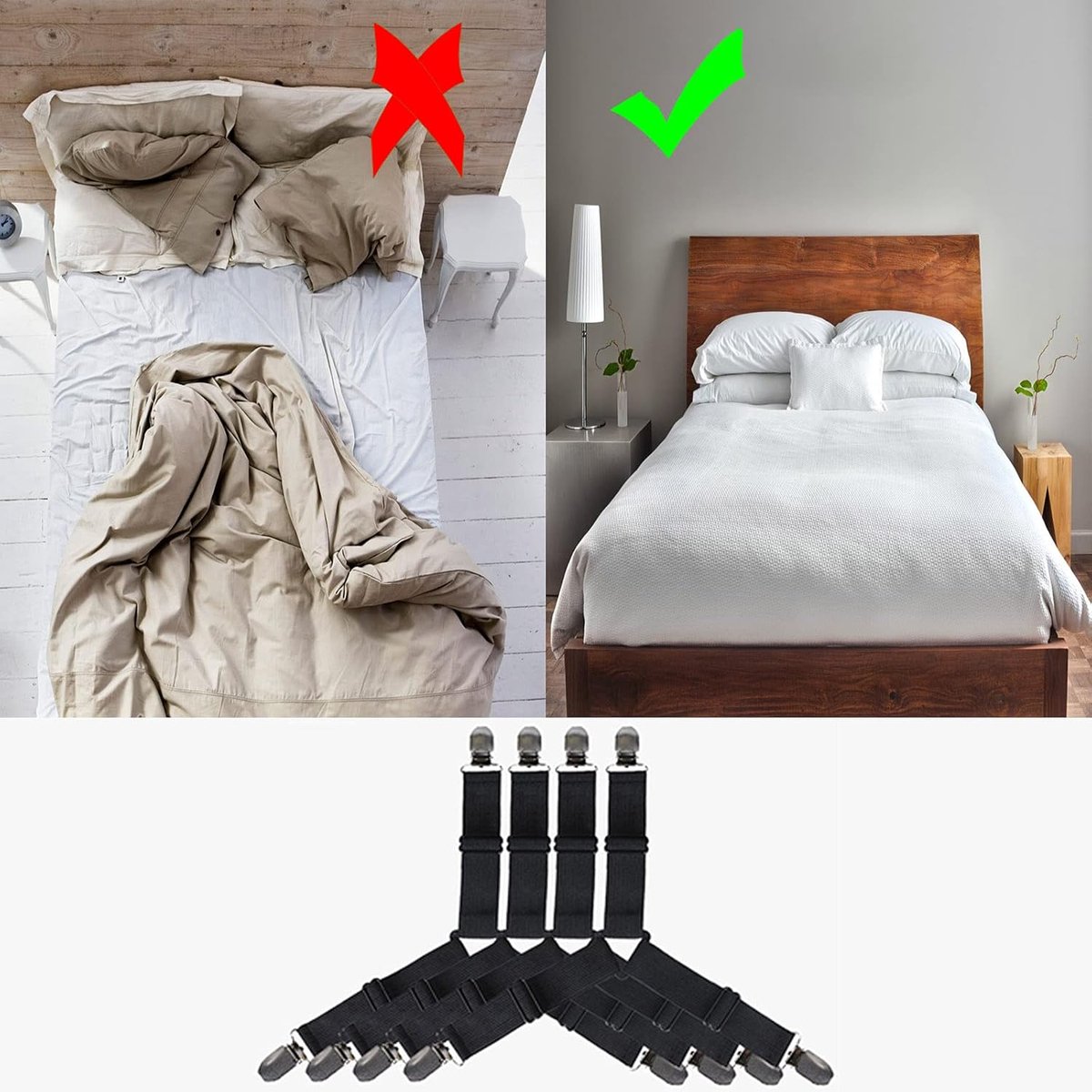 4x Sheet Tighteners - Sheet Fastening Straps - Duvet Clips - Sheet Locking Buckles - Sheet Holders - Duvet Clamps - Adjustable Sheet Tighteners - Elastic Sheet Clamps - For Sheets