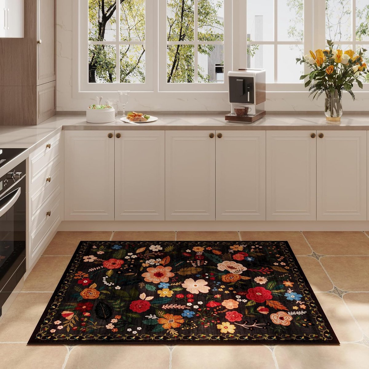 doormat - Indoor doormat - printed indoor doormat - Machine washable - vintage pattern - Boho style - Small rug with floral motif - Non-slip low-pile rug for entrance