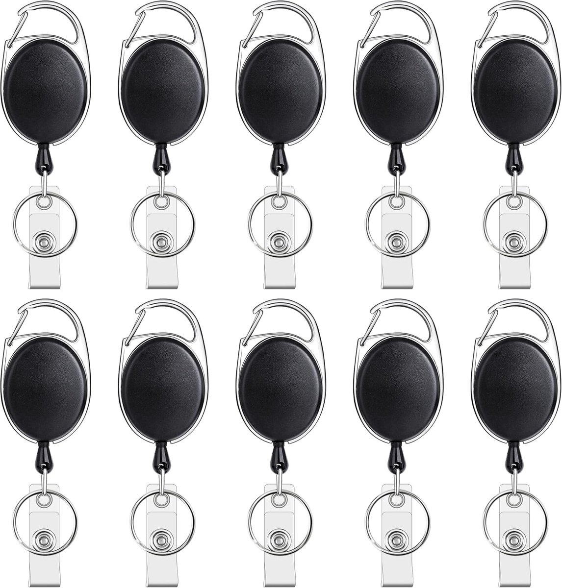 10 Retractable Badge Holders - Extendable Keychain - with Carabiner Belt Clip - D-Clip - Extendable Lanyard Keychain - Keys and Cards - Card Holder Drawstring - Keychain for ID Card Holder and Keychain