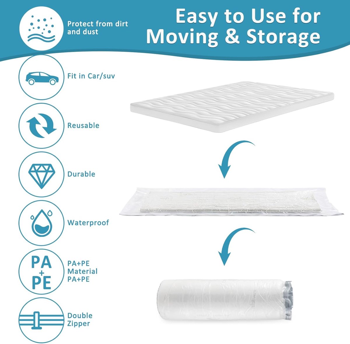 Large vacuum storage bags - 220*100cm - vacuum mattress bag - waterproof - resealable - with zipper - reusable - space-saving bags - vacuum seal - for mattresses