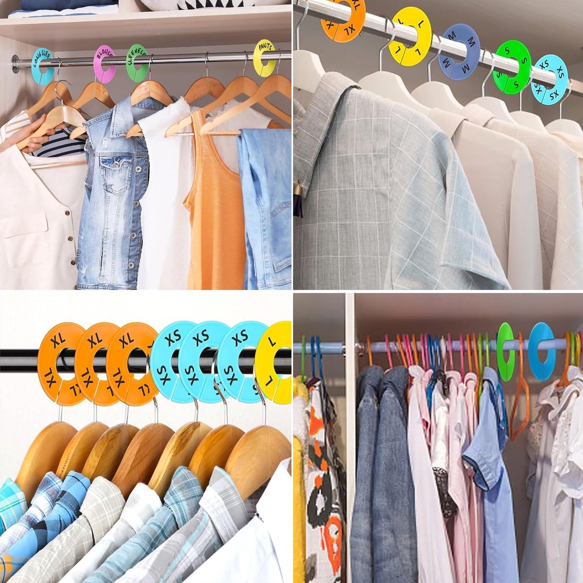 12 pieces - wardrobe dividers for hanging clothes - Clothes rack size dividers - Clothing size dividers - Clothes rack dividers size rings - for clothes racks - for sorting clothing sizes - inner diameter 3.5 cm - 9*9 cm - 6 colors