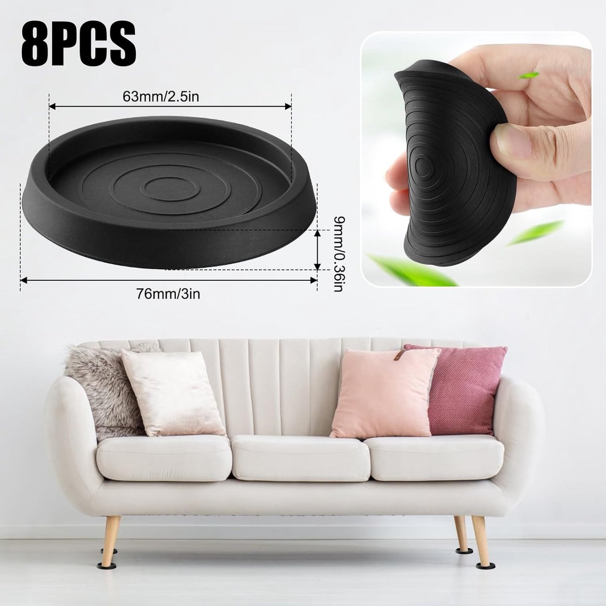 8 pieces - Furniture mats - 76*76*9 mm - 6.3 cm round furniture mat - anti-slip furniture protectors - rubber furniture protectors - for hardwood floors - floor protectors - for beds