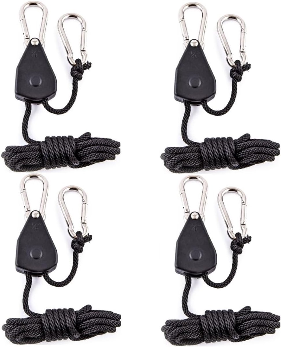 4 pieces - 2m - heavy duty rope hanger - hanger rope - adjustable - plant hanging rope - lamp hanging rope - tent canopy rope stopper buckle - tent guy lines - with pulley - outdoor accessories - for camping and hiking outdoors - black
