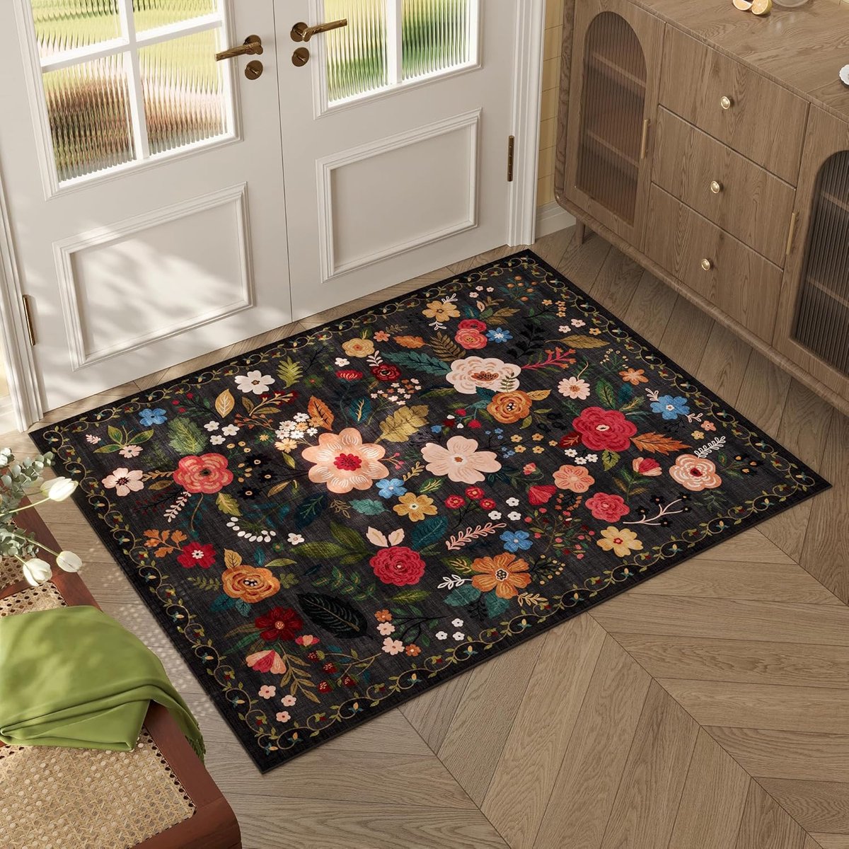 doormat - Indoor doormat - printed indoor doormat - Machine washable - vintage pattern - Boho style - Small rug with floral motif - Non-slip low-pile rug for entrance