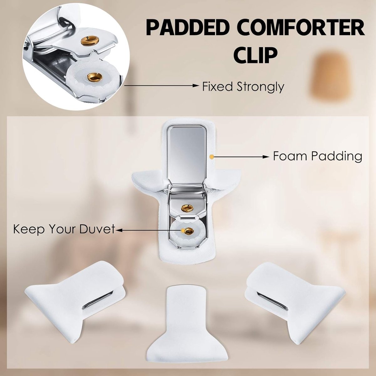 12 pieces - Duvet clips - Quilted duvet clips - with foam and metal - Duvet clamps - Duvet pegs - Clamps - Clips - Sturdy duvet clips - Bedding accessories - for duvets