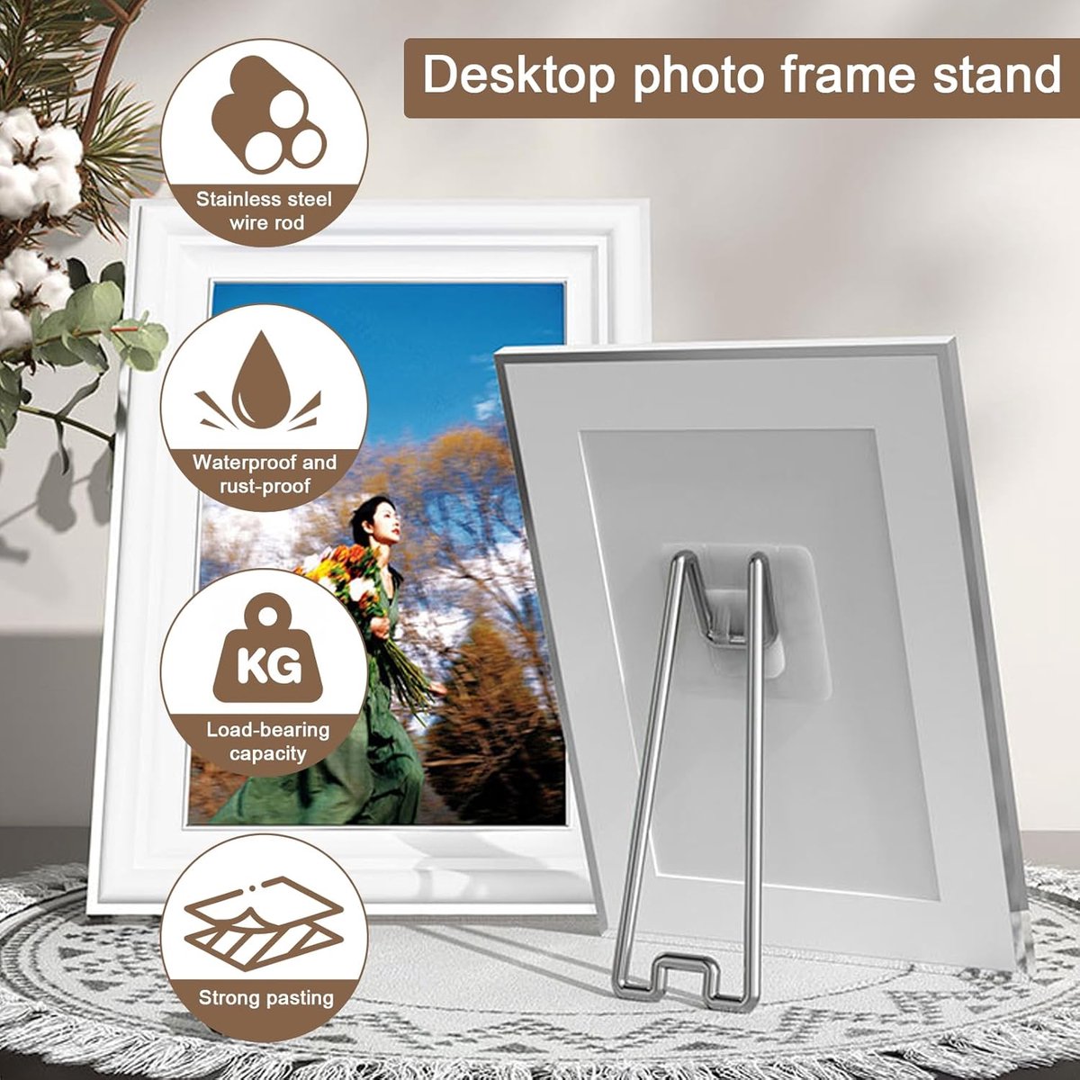 6 pieces - Photo Frame Stand - 13 cm - Photo Stand - Stainless steel photo frame stands - photo frame easel holder - self-adhesive photo stand - display stand - storage rack - hook - suitable for photo frames of 15-26 cm - silver