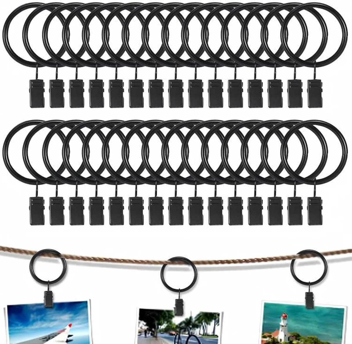 30 Pieces - Curtain Rings with Clips - Shower Curtain - Stainless Steel Curtain Rings - Metal Curtain Hooks - Curtain Rod Ring - for Shower and Window Curtains - Black 30 Pieces - Curtain Rings with Clips - Shower Curtain - Stainless Steel Curtain Rings - Metal Curtain Hooks - Curtain Rod Ring - for Shower and Window Curtains - Black