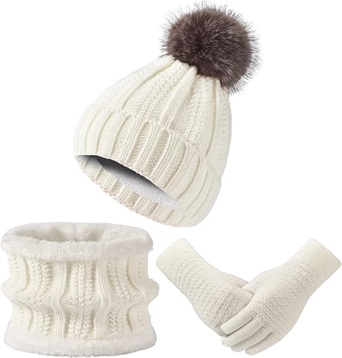 Hat with pompom, scarf and gloves - Three-piece Winter set - knitted fabrics - Warm Baggy Ski Hat - Winter Hat - Neck Warmer - Gloves - Touchscreen Gloves - for Outdoor play, skiing, motorcycling, windproof - for Men, Women - White