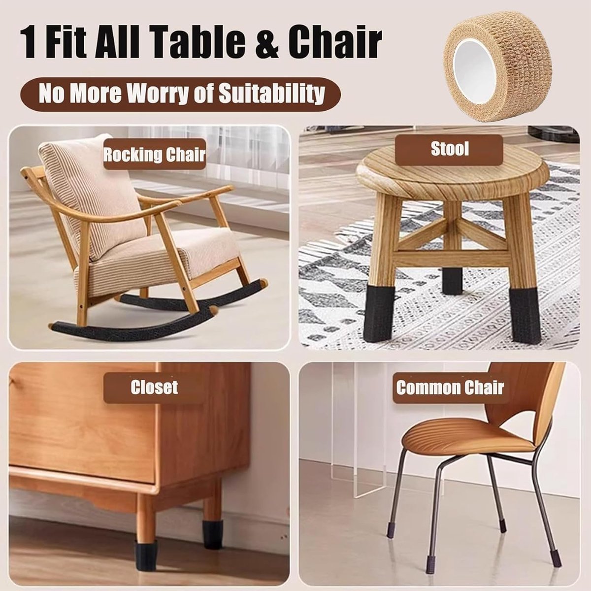6 Rolls Chair Leg Floor Protectors - Self-Adhesive Bandage Wraps - Chair Leg Protectors - Anti-Slip Chair Leg Protectors - Chair Leg Protective Tape - Chair Leg Protectors - for Hardwood Floors