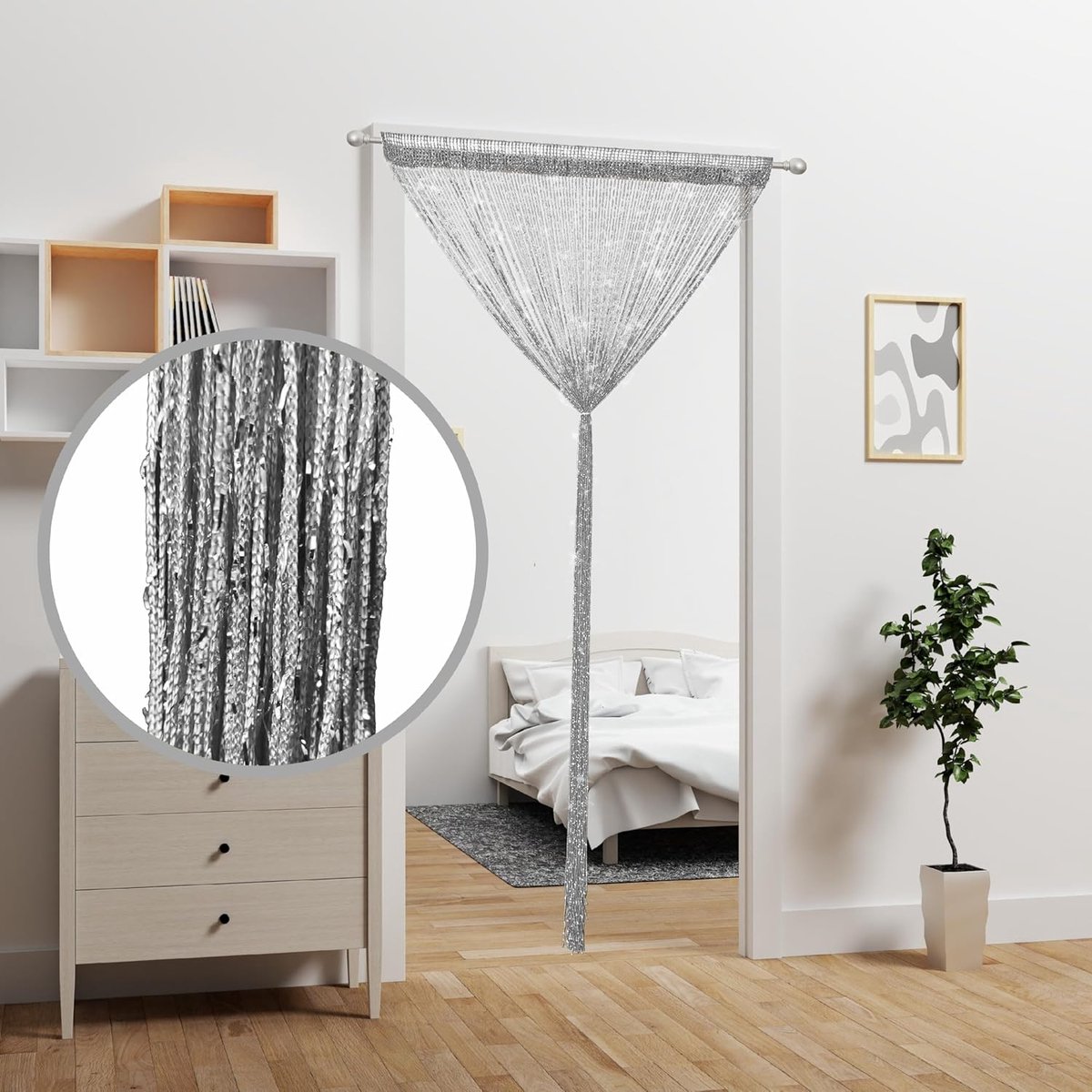 Fly curtain - Door curtain (100 × 200 cm) - Bead curtain - Hanging room divider - Bead decoration - Door cord - Screen door - Hippie glitter tassel panel - Wardrobe curtain - Window door - Window decoration - Sequins - Bohemian door tassel - Dark grey