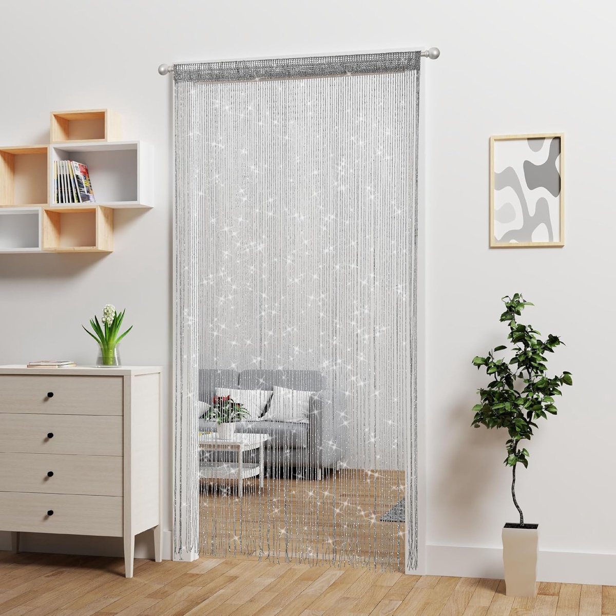 Fly curtain - Door curtain (100 × 200 cm) - Bead curtain - Hanging room divider - Bead decoration - Door cord - Screen door - Hippie glitter tassel panel - Wardrobe curtain - Window door - Window decoration - Sequins - Bohemian door tassel - Dark grey