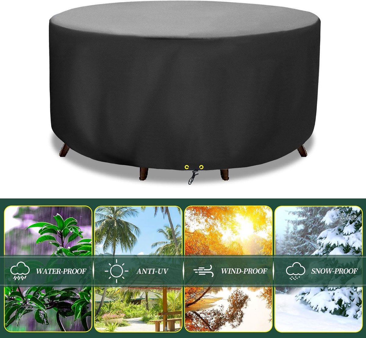 Round Cover - Waterproof - Large Round Garden Table Cover - Windproof - Anti-UV - Tough - Oxford 420D