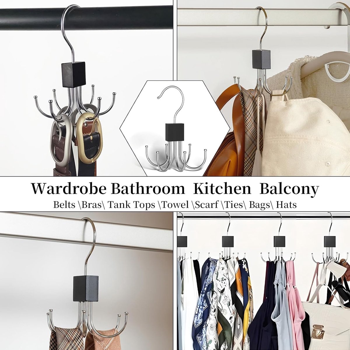 2 pieces - Belt Rack - Belt Organizer - Bra Hanger - Tank Top Hanger - Clothes Hanger - Clothes Hangers - 360° Rotating Metal - Bra Organizer - Storage Rack - with 6 Hooks - for belts