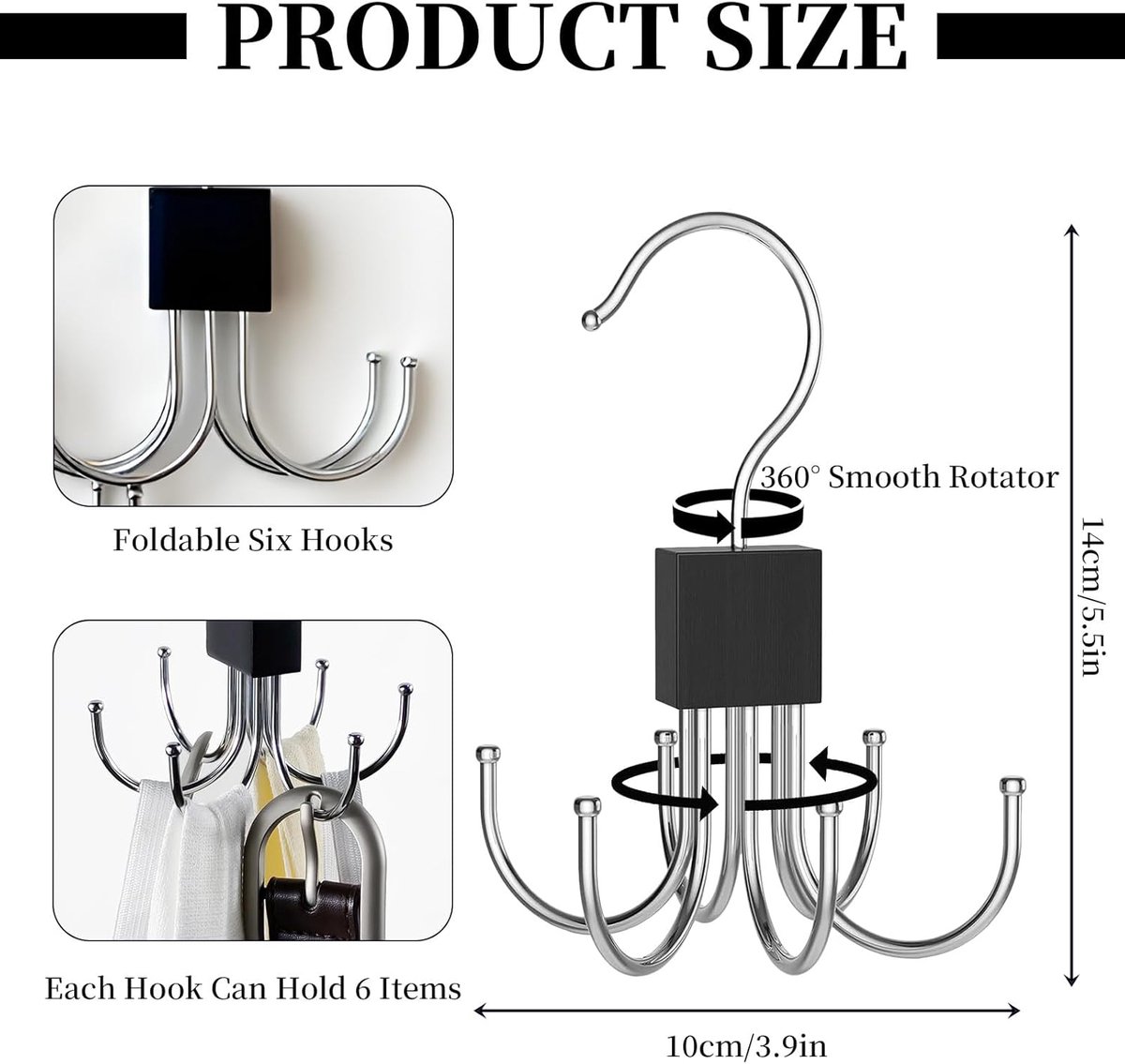 2 pieces - Belt Rack - Belt Organizer - Bra Hanger - Tank Top Hanger - Clothes Hanger - Clothes Hangers - 360° Rotating Metal - Bra Organizer - Storage Rack - with 6 Hooks - for belts