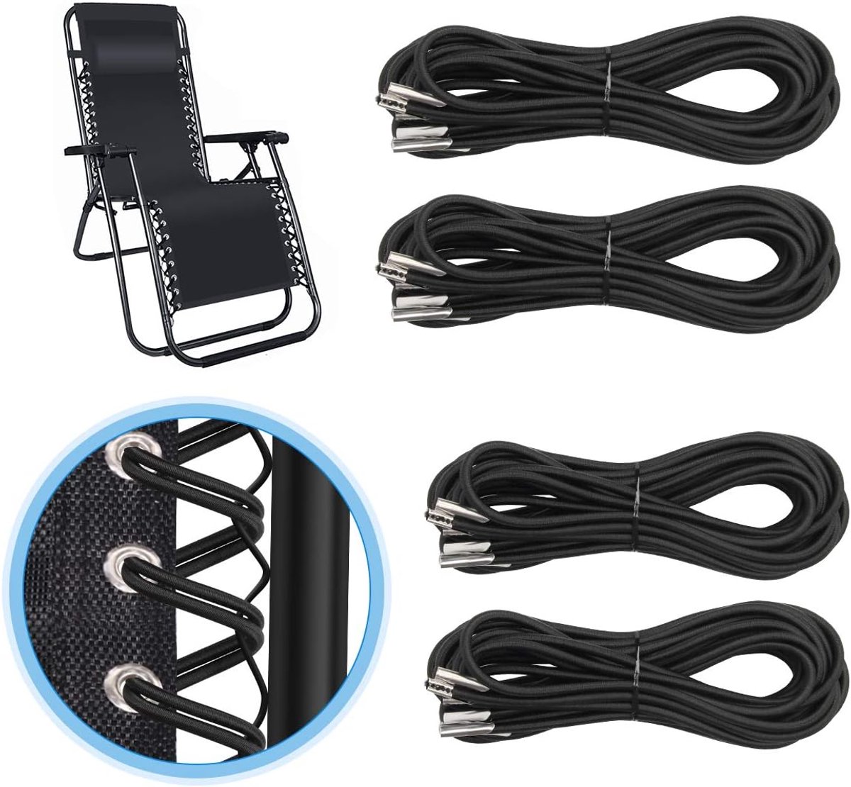 4 pieces - replacement cords - 1.4m and 2.2m - replacement rope for lounge chair - replacement rope for the chair - replacement elastic cords - accessories for recliners - for sun loungers and garden chairs - black