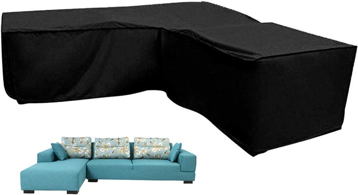 L-shaped garden bench cover - Garden furniture cover - L-shaped garden furniture protective cover with drawstrings at the bottom - Protective cover for L-shaped lounge set - Weatherproof - 210D L-shaped garden furniture tarpaulin - Black - 286 × 222 × 82c