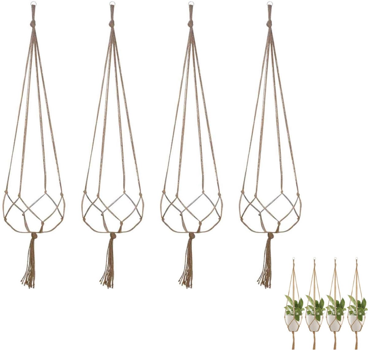 4 pieces - Plant hanger - 90 cm - Plant hanger for flower pot - Flower pot hanger - Macrame plant hanger - Planters - Hanging pot - Jute canvas hanging decorations - for indoors and outdoors - For balconies, wall decoration - brown