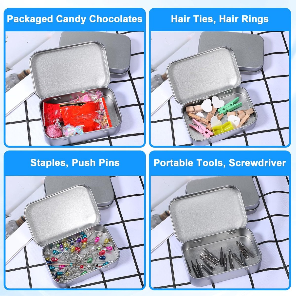Mini Tin Cans - Pack of 3 - Storage Box - Metal - Hinged Tin Can - With Lid - Rectangular Tin Can - Mini Portable Box - Suitable for Home