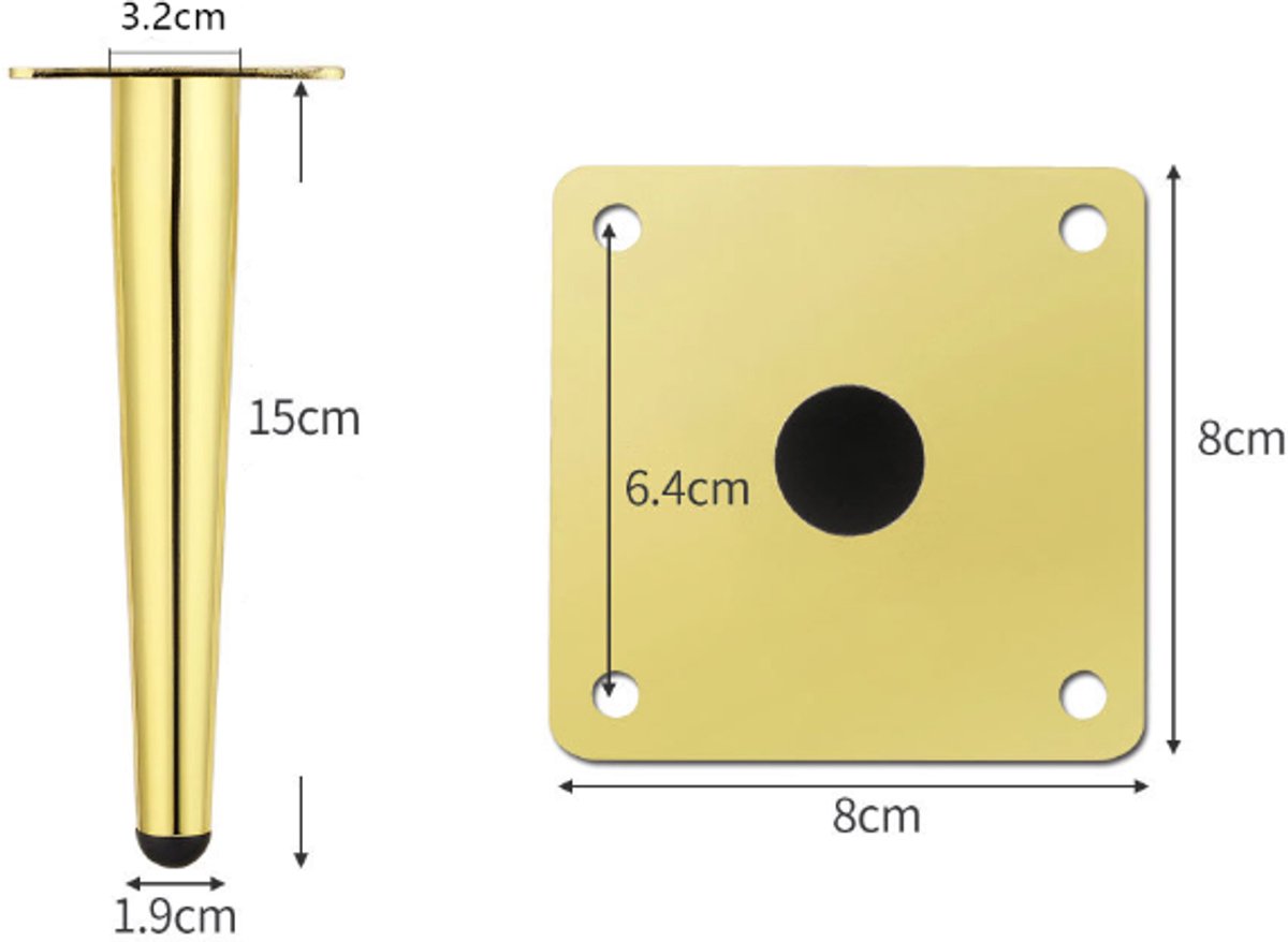 Furniture legs - 4 pieces - 15 cm - Table legs - Furniture leg - Sofa leg - Furniture legs - Cabinet legs - Furniture leg fittings - Gold - Metal - For cabinet
