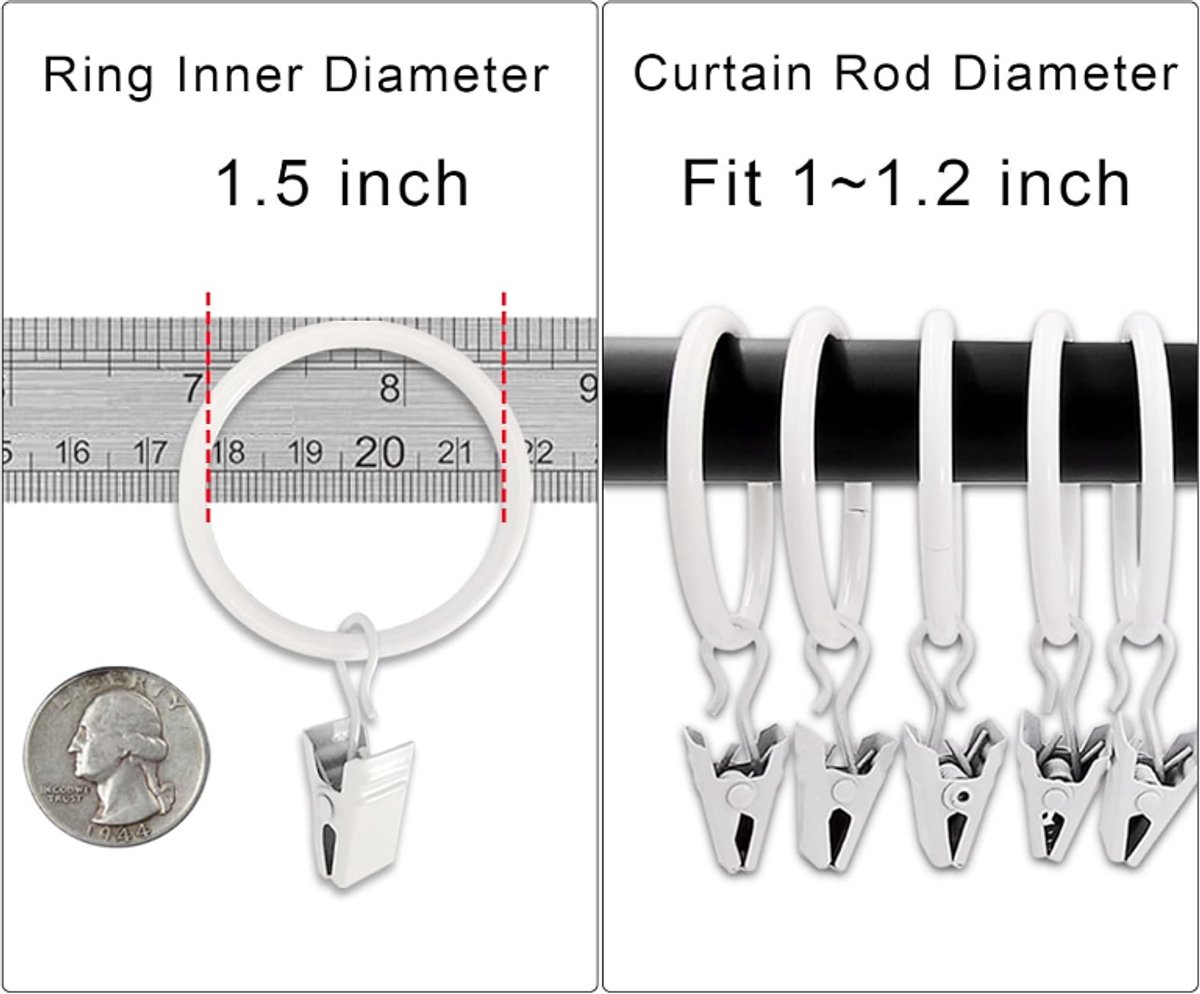 Curtain rings - 45 pieces - Inner diameter 3.8CM - White - Curtain clips for curtain rods - Metal clamps with clip - Hooks for shower curtains