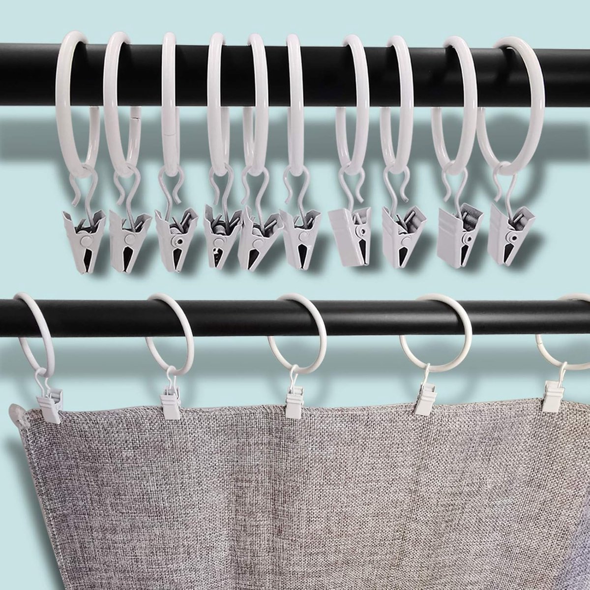 Curtain rings - 45 pieces - Inner diameter 3.8CM - White - Curtain clips for curtain rods - Metal clamps with clip - Hooks for shower curtains