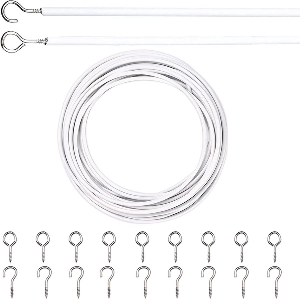 Curtain spiral wire - 10M - Curtain cable - with screw eyes and hooks - 25 sheep eye circles and 25 question mark nails - Spiral wire set - curtain cable line for clothing - Tension spring - white - Metal - for curtain rods Curtain spiral wire - 10M - Curtain cable - with screw eyes and hooks - 25 sheep eye circles and 25 question mark nails - Spiral wire set - curtain cable line for clothing - Tension spring - white - Metal - for curtain rods
