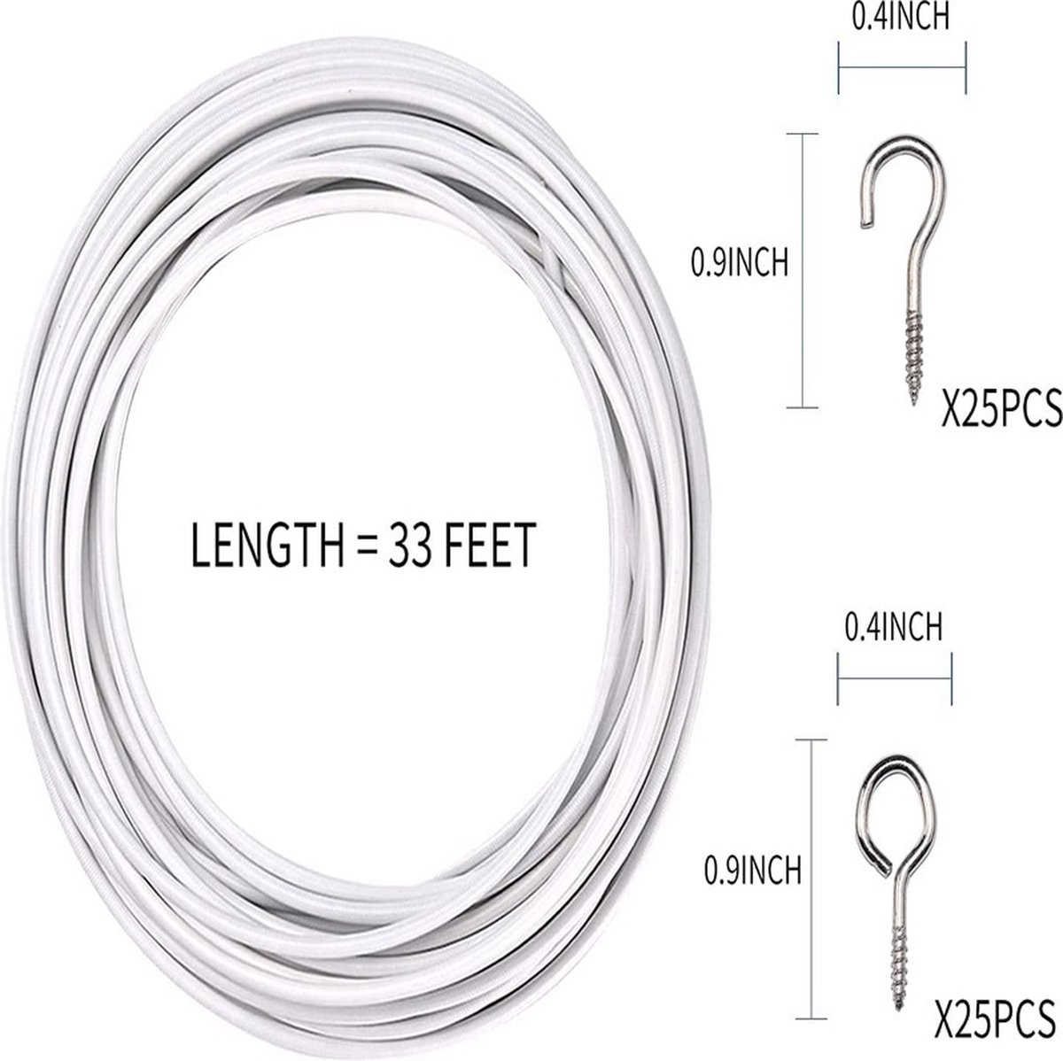 Curtain spiral wire - 10M - Curtain cable - with screw eyes and hooks - 25 sheep eye circles and 25 question mark nails - Spiral wire set - curtain cable line for clothing - Tension spring - white - Metal - for curtain rods