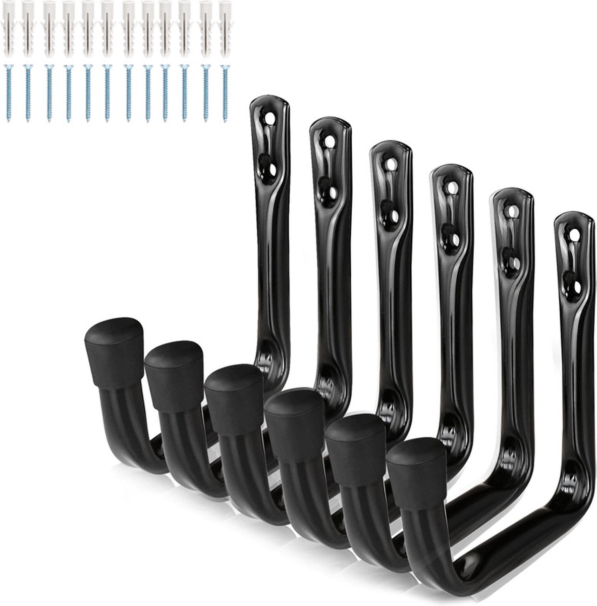 Storage hooks - wall hooks - tool hooks - garage organizer - 6 pieces - 9*11.5 cm - iron - black - with rubber end cap - Including screws - for cellar, bicycle, wall-mounted ladder