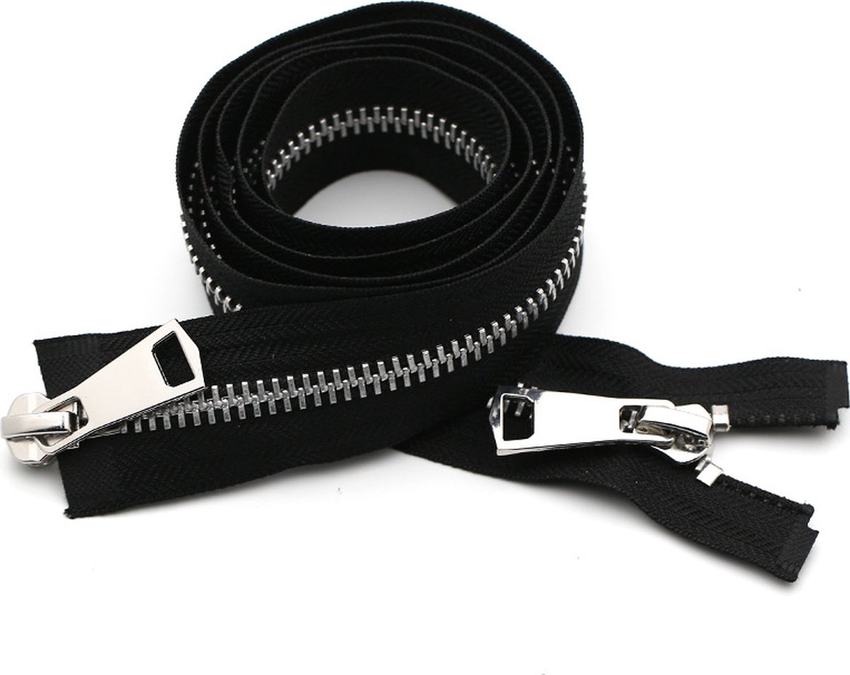 Zipper - Pack of 2 - Two-way zipper - Double slider - Divisible - Silver teeth - Black