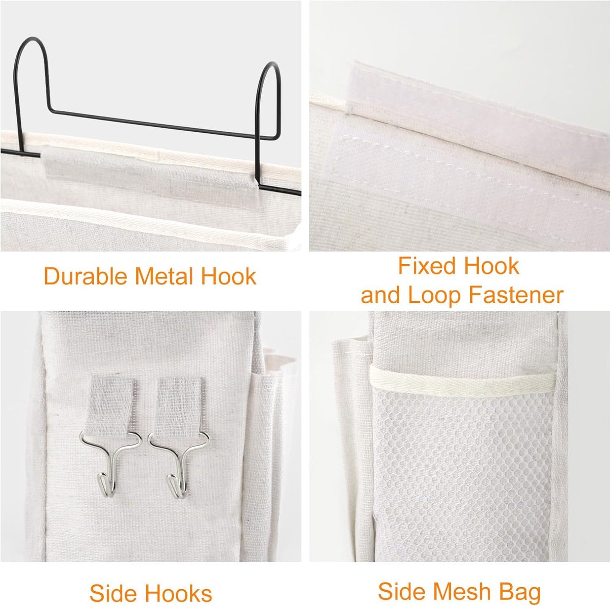 Hanging Basket - Bag Organizer - Bed Bag Holder - Storage Bags - Bed Organizer - Hanging Storage Bags - Dorm Organizer - 30*10*19 cm - Off-White - with 4 Pockets and 2 Hooks - Canvas - for Bunk Bed