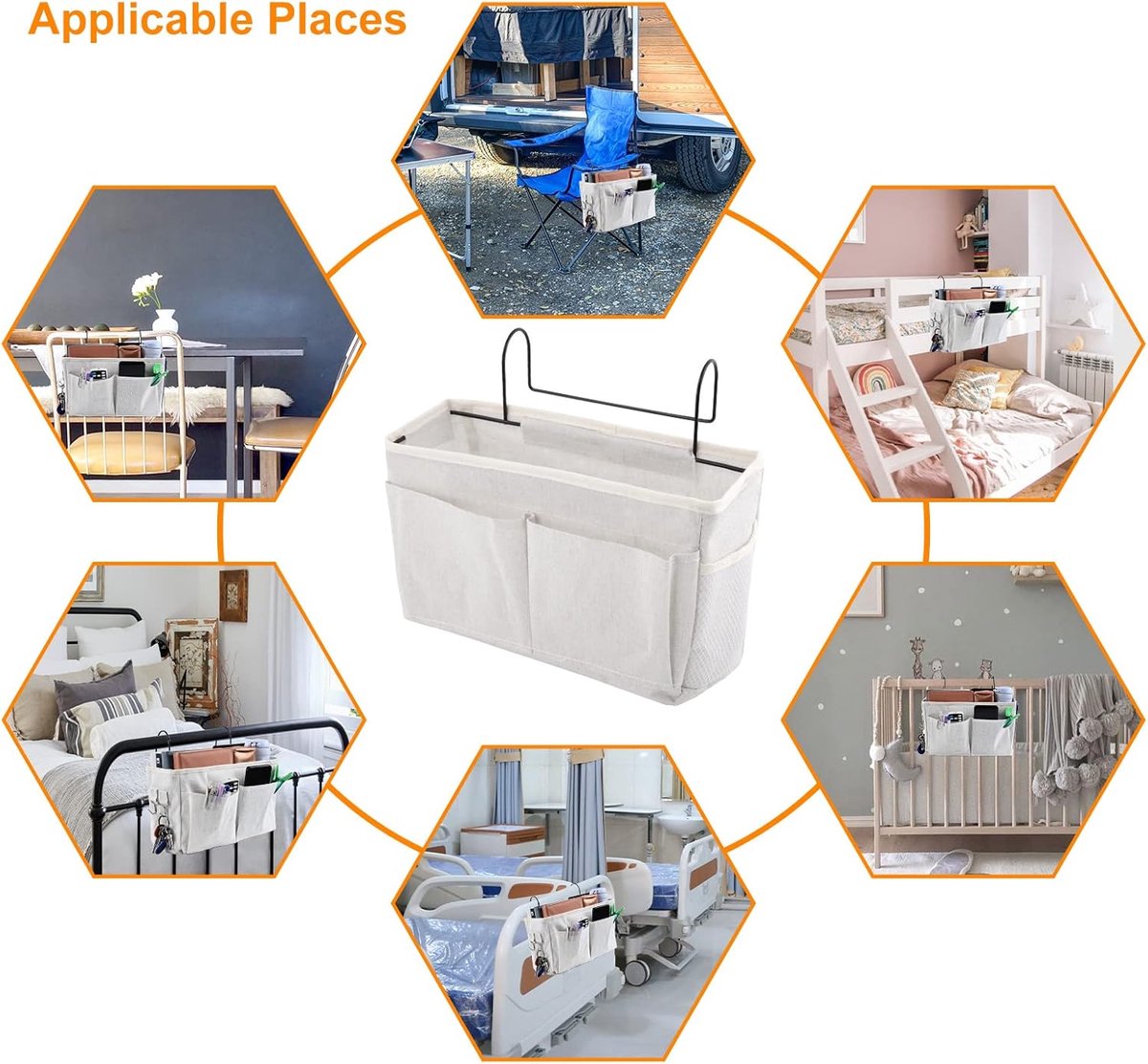 Hanging Basket - Bag Organizer - Bed Bag Holder - Storage Bags - Bed Organizer - Hanging Storage Bags - Dorm Organizer - 30*10*19 cm - Off-White - with 4 Pockets and 2 Hooks - Canvas - for Bunk Bed