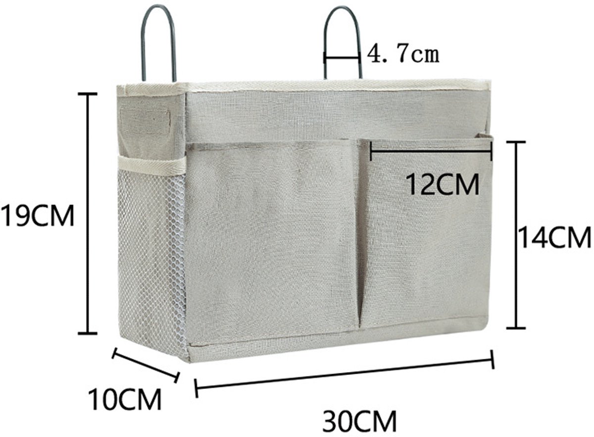 Hanging Basket - Bag Organizer - Bed Bag Holder - Storage Bags - Bed Organizer - Hanging Storage Bags - Dorm Organizer - 30*10*19 cm - Off-White - with 4 Pockets and 2 Hooks - Canvas - for Bunk Bed