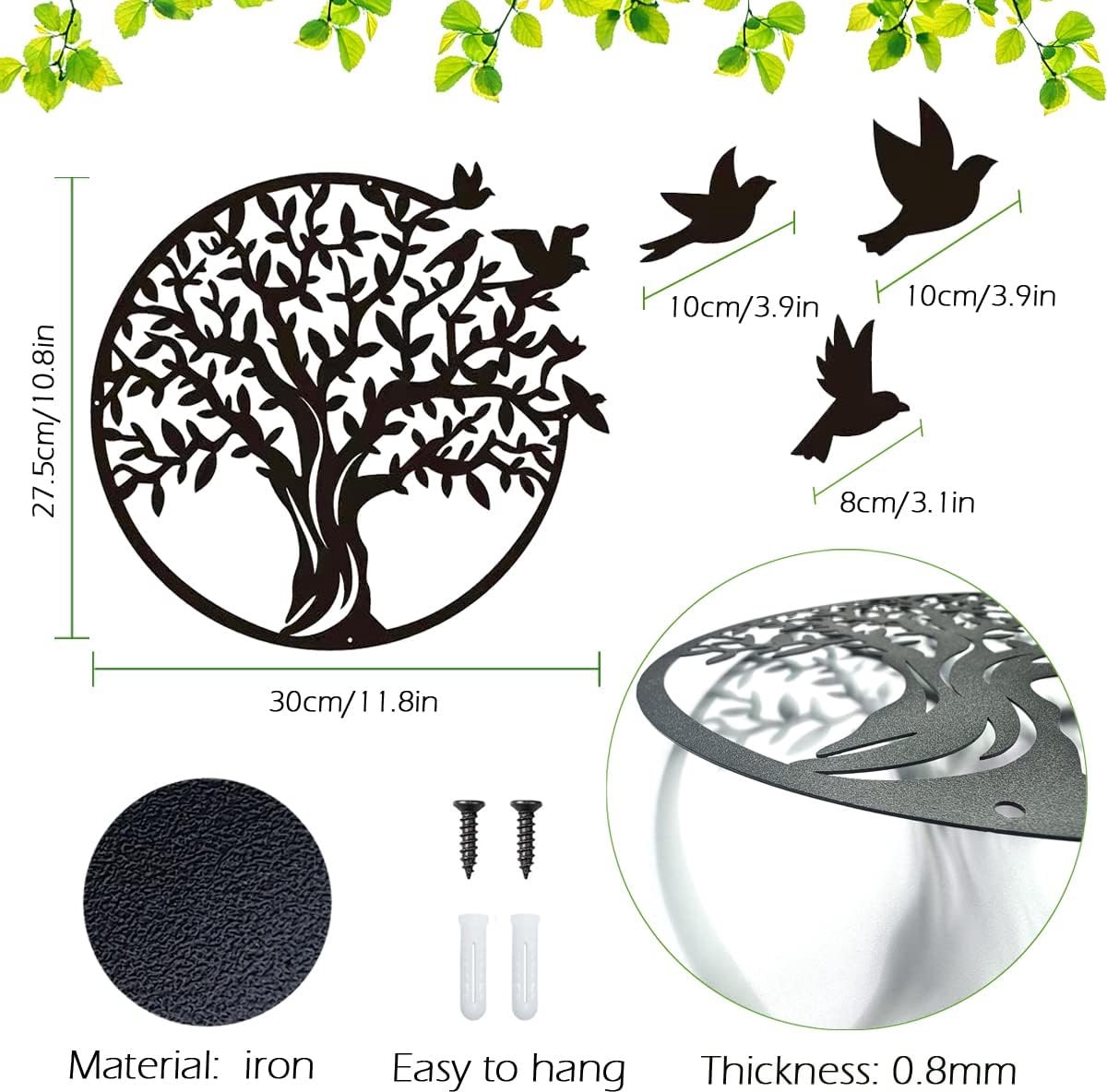 Tree of Life - Wall Decoration - Black - 30*30 cm - Small - Garden Decoration - Suitable for Indoor and Outdoor Use - Christmas - Living Room - Metal - Wall Sign - Black and White Wall Decoration - Wall Art - Metal Wall Decoration Birds